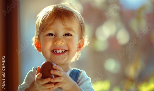 Happy baby with cute smile looking delighted, kid holding a delicious chocolate easter egg in his or her hands, eyes sparkling with pleasure and excitement, greedy boy or girl with a garden view