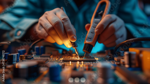 Close-up of an electrical engineer's hands using a multimeter to troubleshoot issues on a complex, illuminated circuit board.