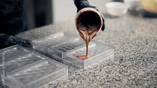 Close-up shot of a chocolatier pouring melted hot chocolate into clear chocolate mold for making candies photo