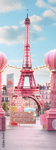 ?? A pink Eiffel Tower with pink decorations in front of it. The sky is blue and there are some clouds in the background. © kamel