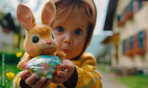 Cute, fun child in yellow holding an easter bunny toy with easter egg wrapped in decorated aluminium foil, lovely expression on the kid's face, chocolate eggs treasure hunt in the grass, nice surprise photo