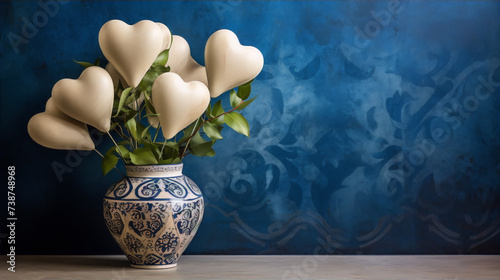 Blue and white textured background with a vase of white hearts.