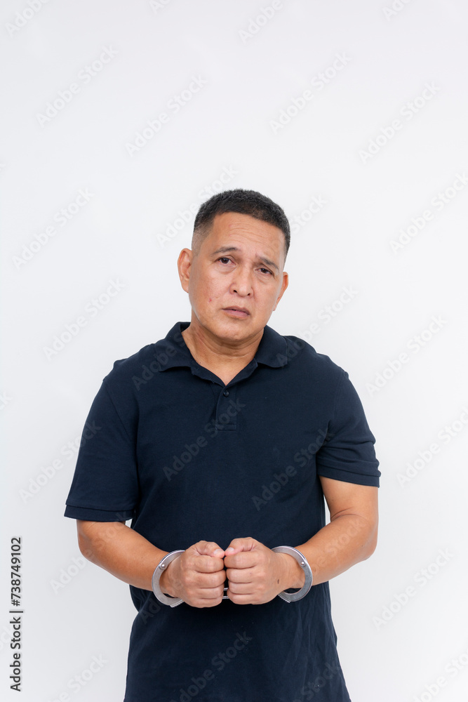 A regretful looking middle-aged Asian male under arrest and handcuffed, standing against a white background. A regretful looking middle-aged Asian male under arrest and handcuffed, standing against a white background.