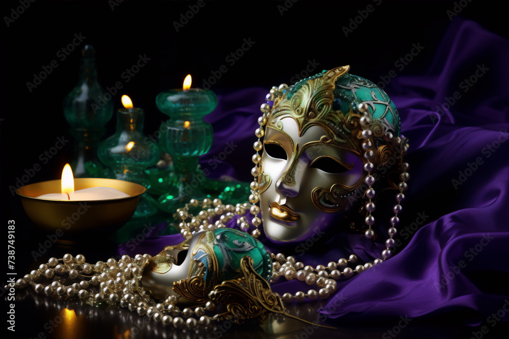 ?????? Jeweled Venetian masks with pearls and candles on purple silk. ??????