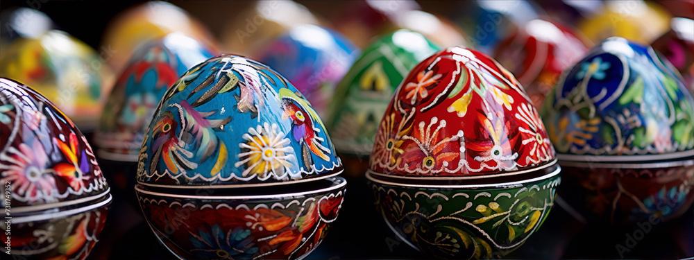 Colorful Easter eggs with intricate designs.
