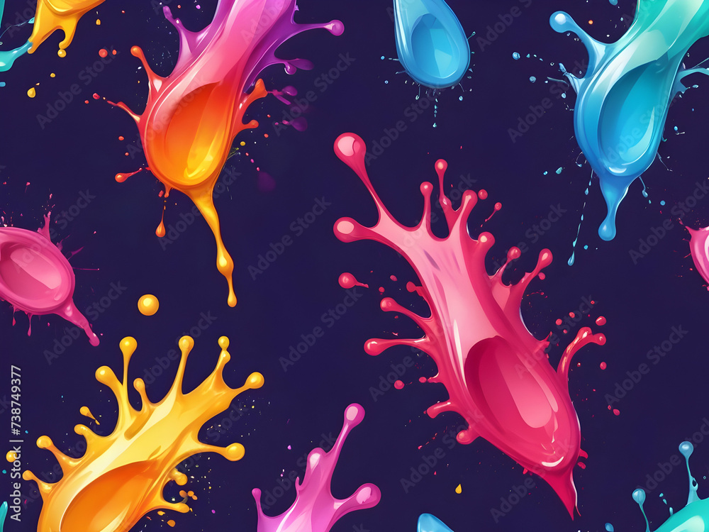 Colorful falling splashes with liquid drops on colorful background