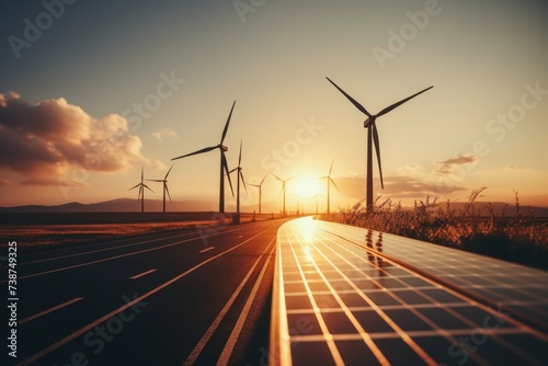 Panoramic view of solar panels and wind turbines in natural and urban environment