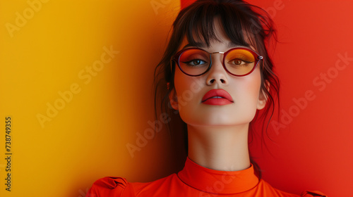 A trendsetting woman in vibrant avant-garde attire poses confidently against a color-blocked minimalist background  embodying bold style and innovative design.