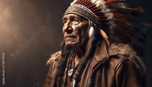 Portrait of an elderly Indian. Indian in war paint on a smoky grunge background. Close-up. AI generated © Alex Puhovoy