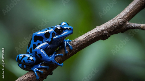 A striking blue poison dart frog perched on a tree branch with sufficient light and a bokeh effect
