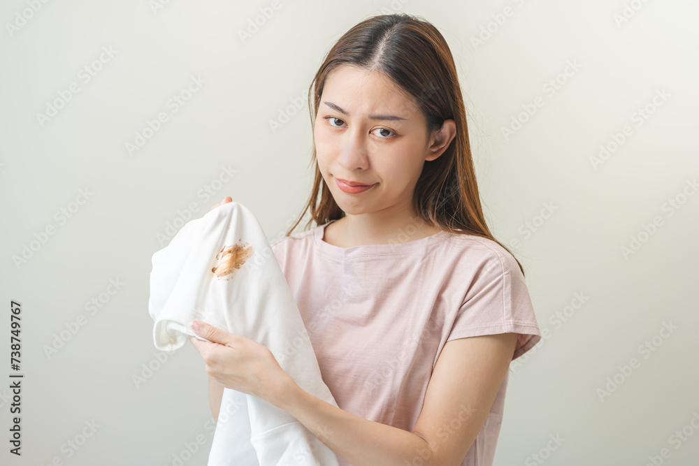 Housewife, asian young maid woman hand in holding white T-shirt, looking at cloth stain, spot dirty or smudge on clothes, dirt stains for cleaning before washing, making household working at home. Housewife, asian young maid woman hand in holding white T-shirt, looking at cloth stain, spot dirty or smudge on clothes, dirt stains for cleaning before washing, making household working at home.