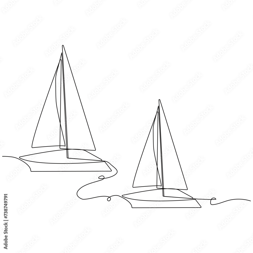 Sailboat, boat, ship, sea wave. Manual drawing of one continuous line.