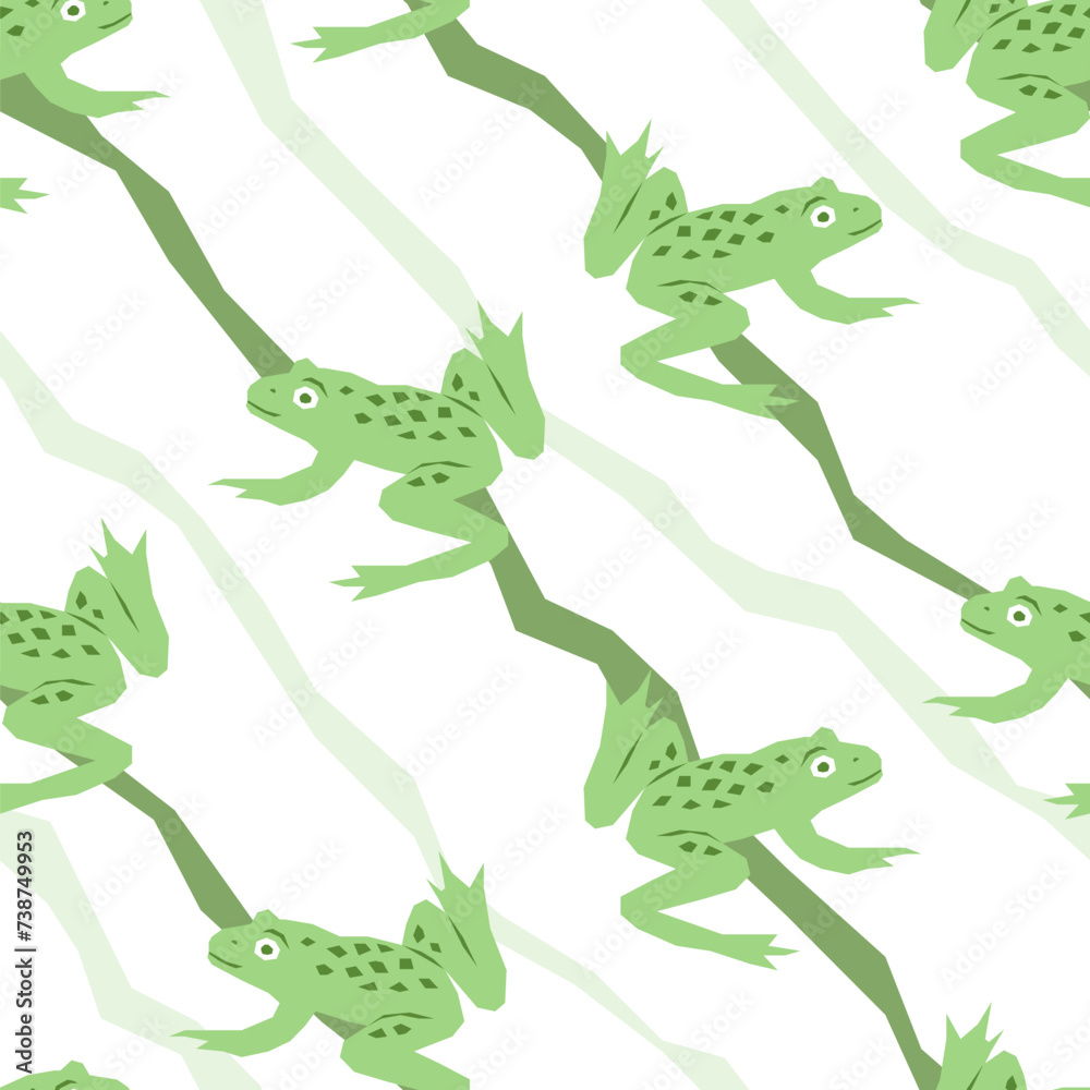 Fototapeta premium Vector seamless pattern with jumping frogs on a white striped background