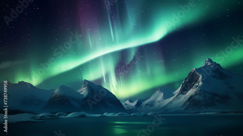 Northern lights over snowy mountains, coast, reflection in water at night © ma