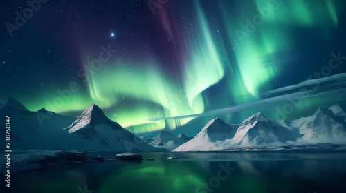 Northern lights over snowy mountains, coast, reflection in water at night