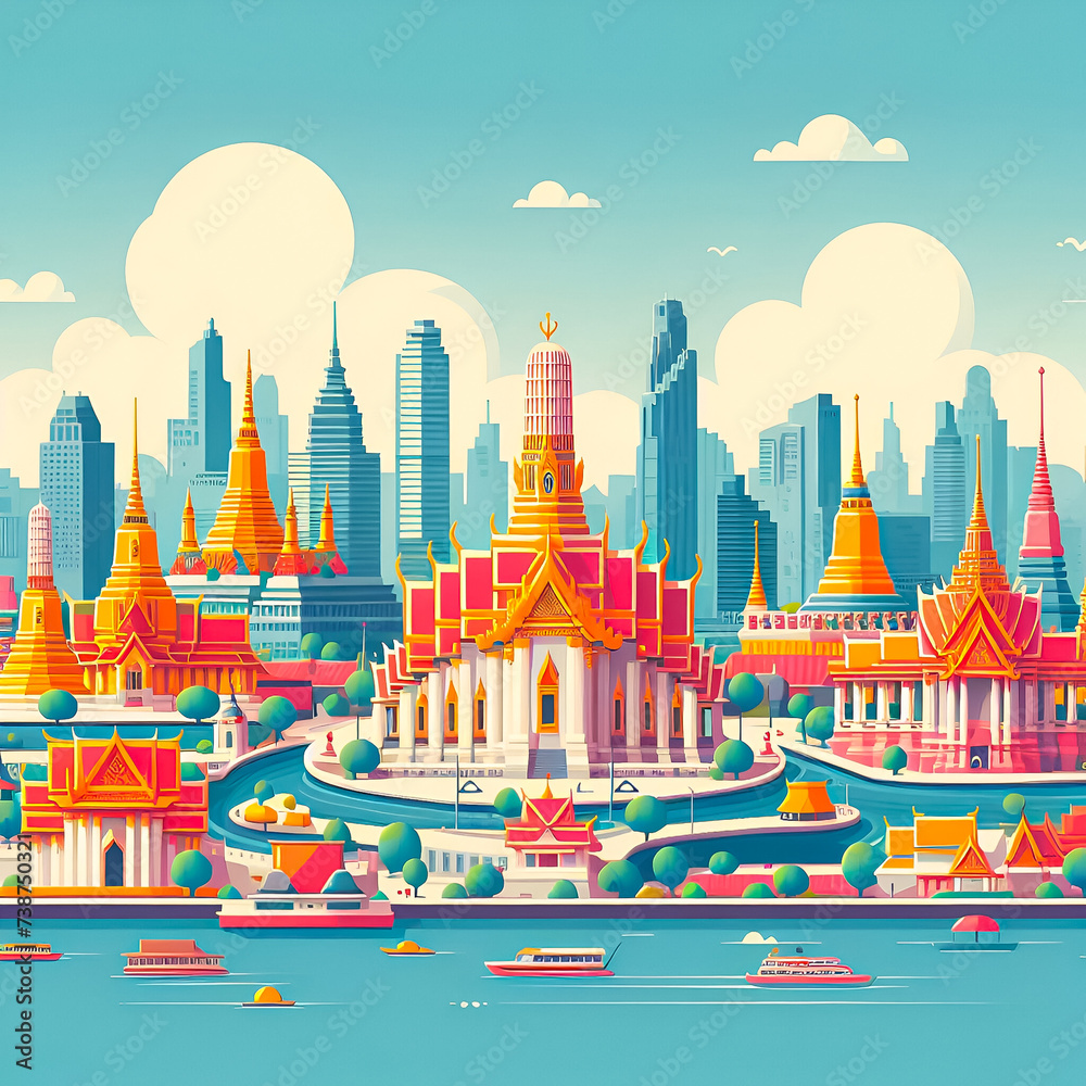 A flat vector skyline illustration design of Bangkok city in Thailand. Beautiful, modern and cultural city in Asia. Skyscrapers, religious architecture of the city.