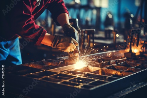 Close-up of workers hands welding metal parts with sparks flying, detailed focus