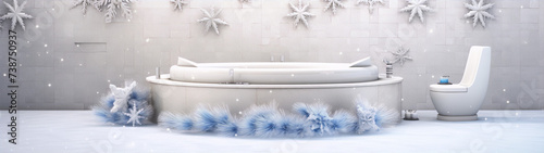 3D rendering of a luxury bathroom with snowflakes and blue pine branches.