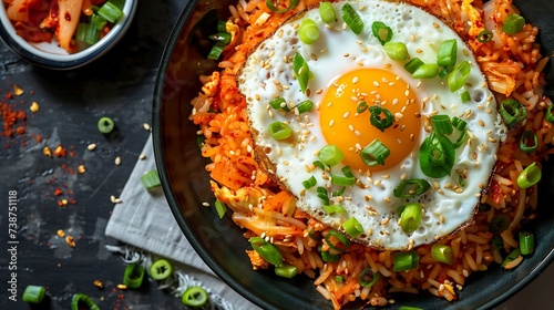 Korean kimchi bokkeumbap kimchi fried rice with pork, vegetables, and a fried egg on top