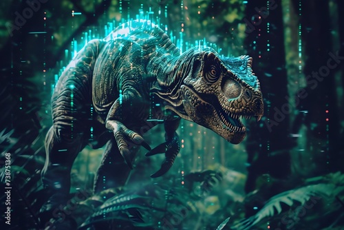 Digital dinosaur t rex tyrannosaurus rex velociraptor in forest stalking its prey background 