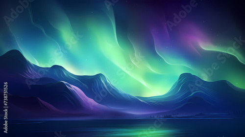 Northern lights over snowy mountains, coast, reflection in water at night