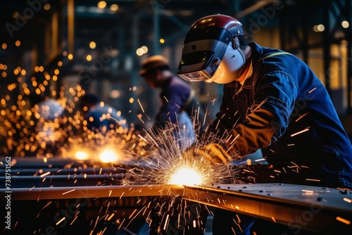 Close-up of industrial workers hands welding metal parts with sparks flying in detailed focus