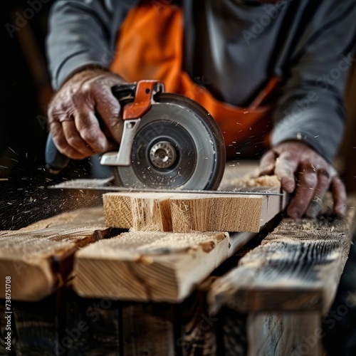 A skilled artisan dressed in protective clothing uses a powerful circular saw to effortlessly slice through a piece of wood, creating a symphony of sound and a display of mastery