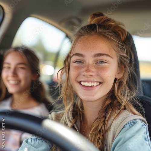 A stylish woman with long brown hair smiles radiantly in the car's mirror, showcasing her infectious joy and carefree spirit while basking in the freedom of the open road