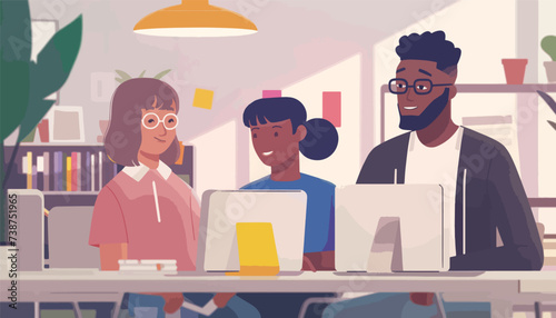 Casual teamwork - Diverse team of people working together with computers. Unity and support between colleagues concept. Flat vector illustration