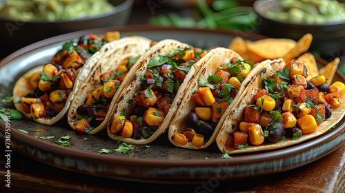 A tempting plate of vegan tacos filled with spicy black beans, roasted corn salsa, and tangy lime