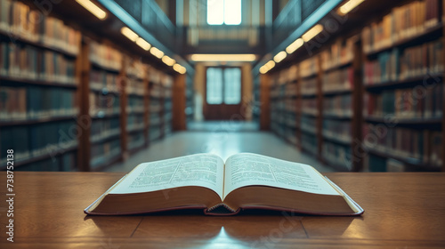 Open Book on Wooden Desk in the Quiet Aisle of a Library