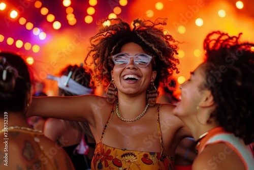 A lively showgirl adorned in sunglasses and festival attire, dances with infectious energy and a radiant smile at an outdoor carnival event