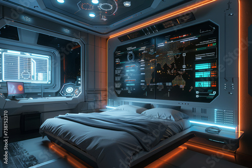 Sci-fi themed bedroom with smart home features