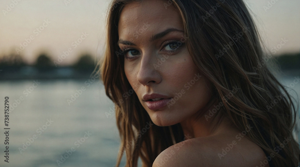 Close up photo of a beautiful naked female model with a river in the background Close up photo of a beautiful naked female model with a river in the background