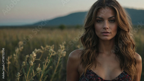 Landscape photo of a beautiful female model taken from close range with a plantation background