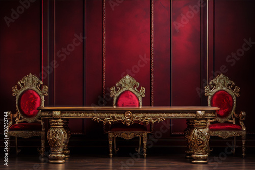 Ornate golden table and chairs in a red room.