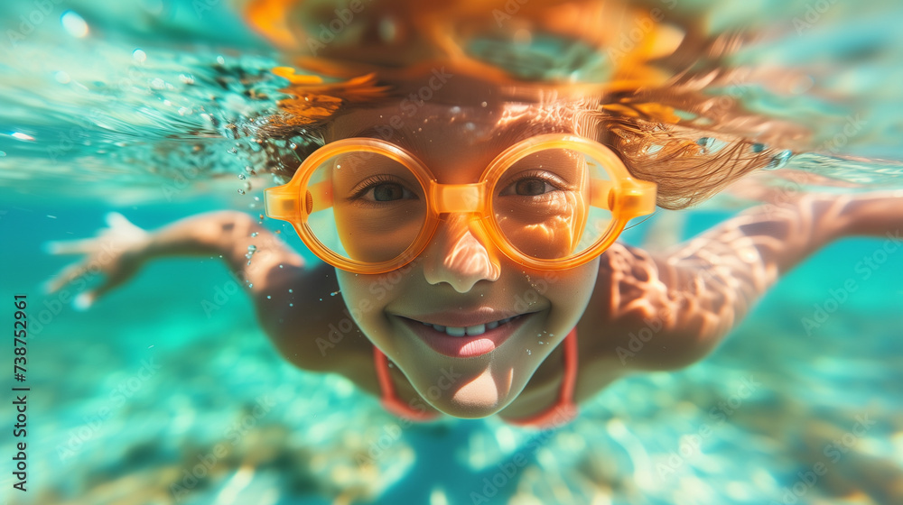 Happy kid swimming underwater and having fun. Happy childhood and summer vacation. Underwater Young Boy Fun in the Swimming Pool with Goggles. Summer Vacation Fun. Little boy swimming underwater. 