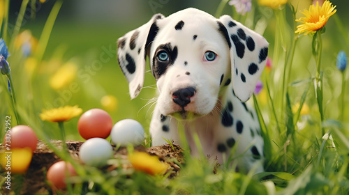  A curious Easter Dalmatian puppy sniffing a brightly colored egg nestled among vibrant green grass and daisies. photo