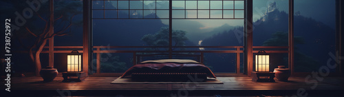Futon bed in a traditional Japanese room with a view of a mountain landscape photo