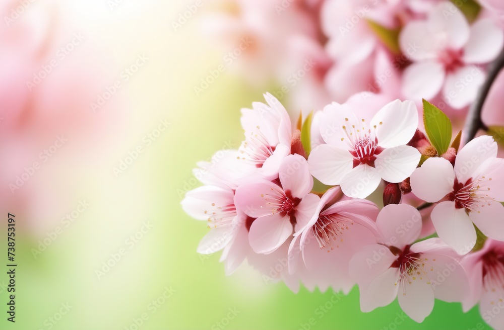 Banner spring sakura flowers with free space, pastel colors pink, green, white