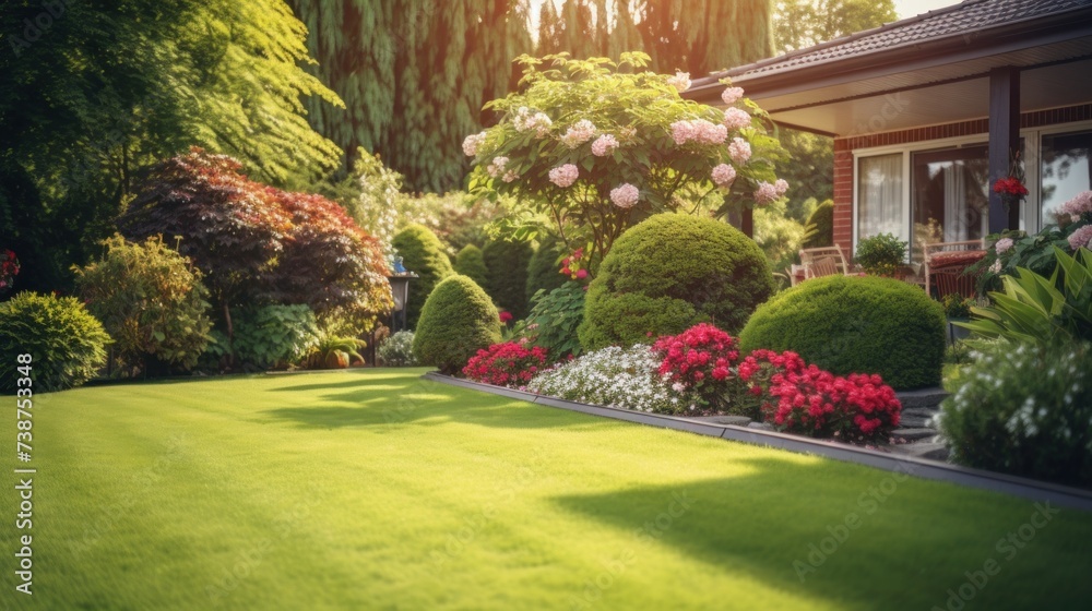 Manicured lawns and flower beds with shrubs in the background. There is a backyard. - obrazy, fototapety, plakaty 