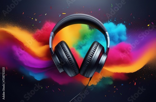 World music day banner with headphones on abstract colorful dust background
