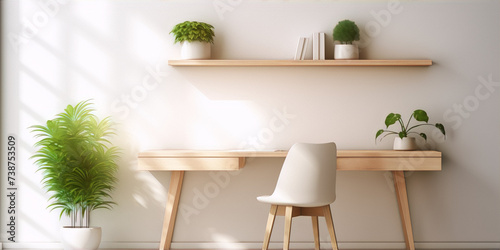 Minimalist home office with a wooden desk, a white chair, and a few plants.