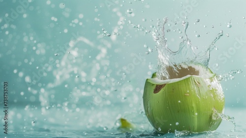 Coconut water splashes from fresh green coconuts. with copy space photo