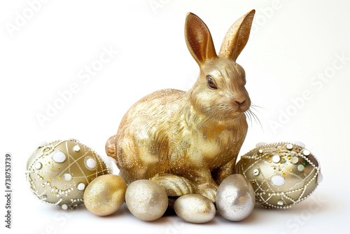 A golden bunny sits beside elegant, decorated eggs on a white background, a festive and luxurious depiction of Easter celebration. © Sascha