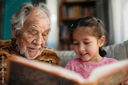 An elderly gentleman and a curious young girl bond over the pages of a worn book, their faces lighting up with joy and wonder as they delve into its stories, surrounded by the coziness of their indoo