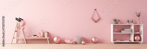 Pink yoga room with yoga equipments and accessories photo