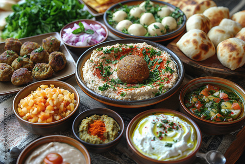 This photo shows a table covered with an assortment of different types of food. The offer includes a variety of dishes, from appetizers to desserts, all types of Arab cuisine, creating a diverse culin