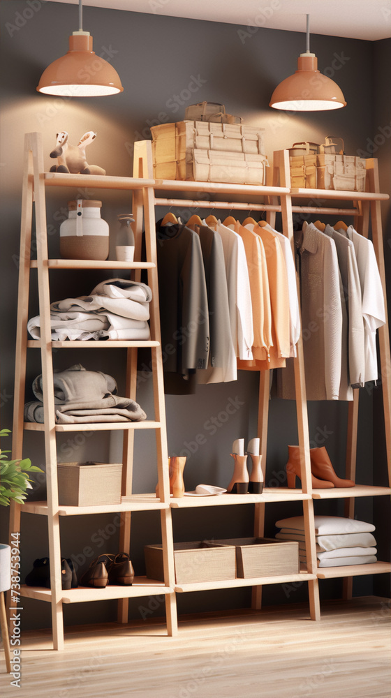 Clothes rack with clothes, shoes, and accessories in warm colors.