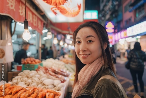 Woman Standing in Front of Food Display. Generative AI
